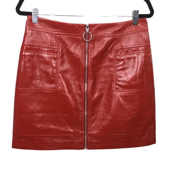 Top Shop Women's Tall Faux Leather Front Pockets Zip Up Mini Skirt Red Size 8